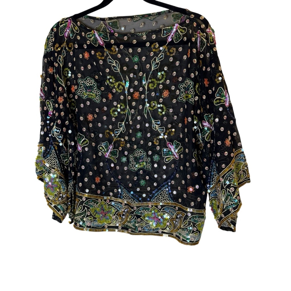 Sequin and Beaded Vintage Embellished Festive Holiday Special Event Sheer Top